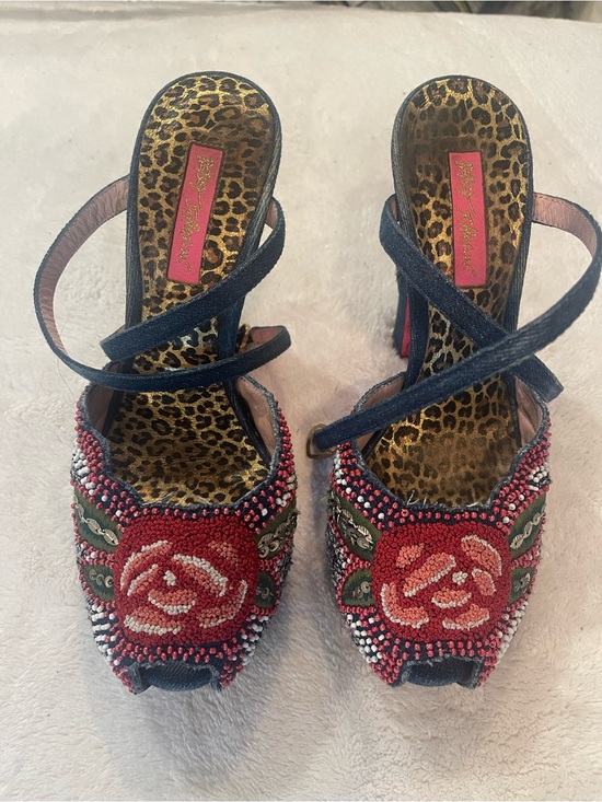 Betsey Johnson Shoes - Vintage Betsey Johnson. Denim and beaded peep-toe platform.